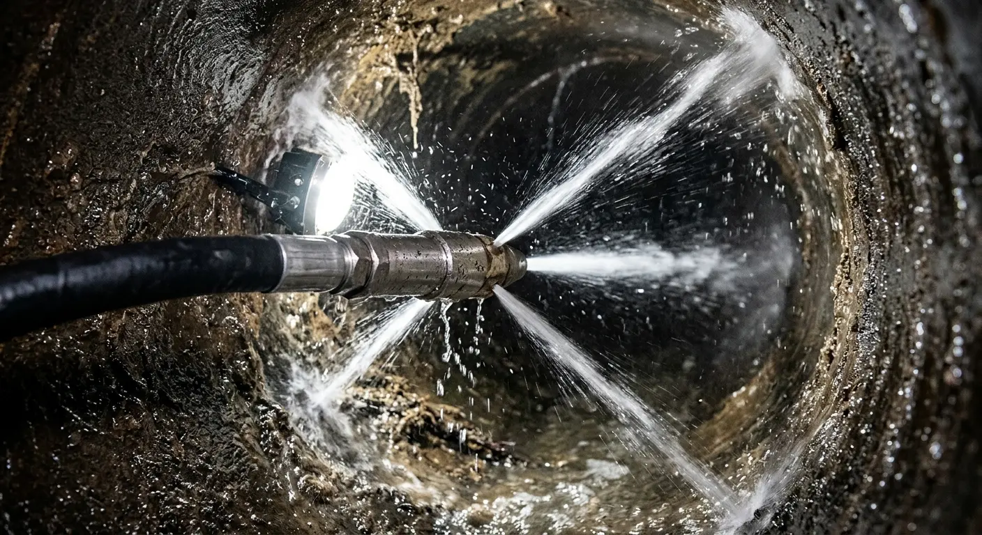 High-pressure hydro jetting nozzle cleaning sewer pipe for Trenchless Sewer Repair in Carlsbad