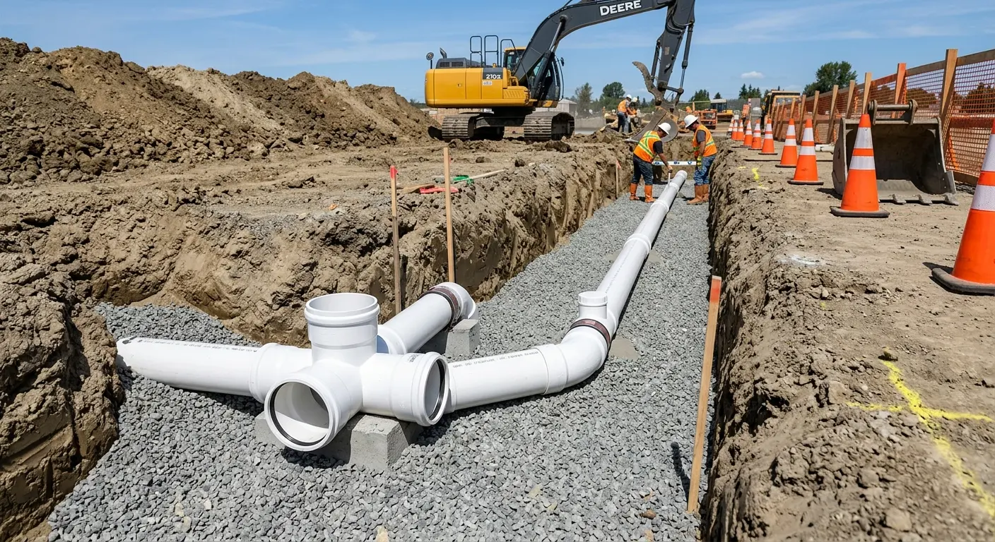New PVC sewer pipe installation in open trench for Commercial Drain Cleaning in Carlsbad