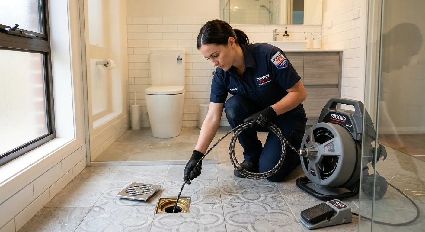 Technician clearing a bathroom floor drain for Sewer Line Replacement in Carlsbad